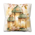 White square cushion cover with watercolor floral patterns and glowing teal lanterns - 45*45cm (Insert Not Included) / Cyan Hollow Lantern Floral (DYM241-10)