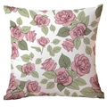 Square cushion cover with pink roses and green leaves pattern on white fabric base - Fresh Pink Rose (CDR289-21)