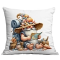 Dettaglio fodera cuscino con gnomo nautico, cappello di conchiglie e mappa su fondo bianco - 45x45cm Stampa Singola Faccia / Gnomo che Legge la Mappa (CDR291-7)