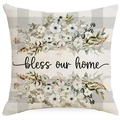 Funda de cojín de lino a cuadros con flores y frase bless our home estampada - Estilo Cuadros Bless Our Home (DYM288-1)