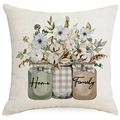 Funda de cojín de lino con plantas de acuarela, flores de algodón y texto Home Family - Estilo Botella Home Family (DYM288-2)