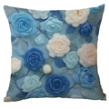 Funda de cojín cuadrada con rosa azul 3D y pétalos en capas en color azul claro - Estilo Composición Tres Rosas Grandes (CDR279-1(2))