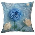 Housse de coussin en peluche rose bleue 3D avec design floral en relief sur fond blanc - Style Trois Roses 3D Équilibrées (CDR279-1(5))