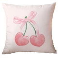 Federa per cuscino quadrata rosa con ciliegie a cuore e motivo a fiocco acquerello - Peluche Corto Lato Singolo Senza Imbottitura / Ciliegia Cuore Rosa (CDR284-1)