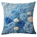 Housse de coussin bleu ciel avec roses en 3D pelucheuses pour décoration intérieure - Style Composition 3D Multi-Florale Complexe (CDR279-1(6))