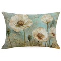 Dettaglio copricuscino lombare vintage con papaveri, scritte d'arte e trama lino - Stile Floreale Vintage 2 (DYM281-2) / 30*50cm