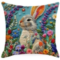 Linen pillowcase featuring a 3D rabbit and floral embroidery print on light blue background - 45x45cm Linen Single Sided Without Core / Sky Blue Gray Rabbit Pattern (XDYM16-9)