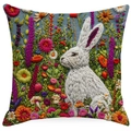Detail of artistic floral rabbit embroidery pattern on a linen square pillowcase - 45x45cm Linen Single Sided Without Core / Blue Gray White Rabbit Pattern (XDYM16-11)