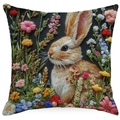 Close-up of floral rabbit embroidery design on a linen square pillowcase with vivid textures - 45x45cm Linen Single Sided Without Core / White Brown Rabbit Floral Pattern (XDYM16-12)