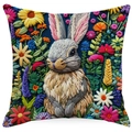 Linen pillow cover with floral rabbit embroidery style print on a white background - 45x45cm Linen Single Sided Without Core / Spring Floral Rabbit Pattern (XDYM16-8)