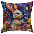 Macro detail of high-quality embroidery texture on rabbit and floral throw pillow case - 45x45cm Linen Single Sided Without Core / Lush Floral Rabbit Pattern (XDYM16-7)
