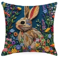 Detail of embroidered rabbit and vibrant floral pattern on navy linen pillow cover - 45x45cm Linen Single Sided Without Core / Navy Wildflower Rabbit Pattern (XDYM16-5)