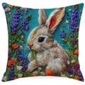 Kissenbezug aus Leinen mit Hasen-Stickerei-Optik und Lavendelblüten auf weißem Hintergrund - 45x45cm Leinen Einseitig Ohne Kern / Off-White Lavendel Hasenmuster (XDYM16-3)