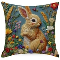 Kissenhülle aus Leinen mit aufgesticktem Hasen und bunten Blumen auf blauem Hintergrund - 45x45cm Leinen Einseitig Ohne Kern / Graublaues Weizen-Hasenmuster (XDYM16-4)