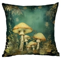 Square pillowcase featuring vintage yellow mushroom forest illustration on dark green - Yellow Mushroom Group (CDR244-9) / 45x45cm Single Side (No Inner)