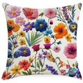 Housse de coussin brodée avec fleurs colorées sur tissu texturé de couleur crème - Style Complexe Coquelicot Marguerite (XDYM15-2)
