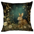 Square cushion cover with realistic brown rabbit and forest flower print on green fabric - Realistic Jungle Rabbit (CDR244-15) / 45x45cm Single Side (No Inner)