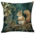 Square cushion cover featuring an artistic squirrel and forest night scene illustration - Squirrel on Branch (CDR244-19) / 45x45cm Single Side (No Inner)