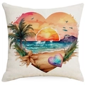 Linnen kussensloop met hartvormige aquarelprint van zonsondergang op strand - Paars Hart Zonsondergang Stijl (DYM246-4)