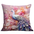 Funda de cojín de pavo real con elegante pavo blanco y arte floral en fondo rosa - Pavo Real Blanco Y Flores Rosa Púrpura (CDR237-2) / 45x45 cm