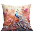 Funda de cojín de lujo con diseño de pavo real, plumas azules y motivos florales rosas - Pavo Real Azul Real Dorado (CDR237-3) / 45x45 cm