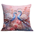 Luxury peacock and pink rose floral pattern decorative square throw pillow cover - Facing Blue Peacocks (CDR237-8) / 18x18 Inch