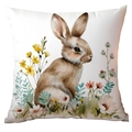 Paas kussensloop met een bruin konijn en lentebloemen op een witte achtergrond - Enkelzijdige bedrukking (Exclusief binnenkussen) / 45x45 cm / Konijn Illustratie 3 (CDR235-3)
