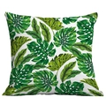 Close-up of tropical monstera leaf print on a square white decorative cushion cover - Fresh White Green Leaf (CDR283-10)