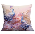 Square peacock throw pillow cover with 3D floral print and pink background - Blue Peacock Peony (CDR237-14) / 18x18 Inch