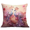 Square peacock pillow cover with floral rose design in romantic pink and purple tones - Romantic Pink Purple Peacock (CDR237-17) / 18x18 Inch