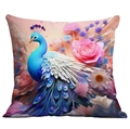 Square pillowcase with 3D luxury peacock and floral print in royal blue and pink tones - Decorative 3D Peacock (CDR237-20) / 18x18 Inch