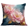Modern luxury square pillowcase with pink watercolor flowers and gold foil edges - No Insert / Blue Background Watercolor Flowers (CDR292-3)