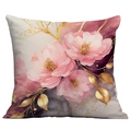 Modern luxury square pillow cover with pink floral patterns and gold leaf accents - No Insert / Champagne Gold Ink Floral (CDR292-4)