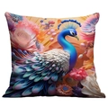 Peacock decorative pillow cover with vivid digital print flowers and colorful feathers - Artistic Gorgeous Peacock (CDR237-25) / 18x18 Inch