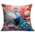 Blue peacock decorative pillow case with artistic white roses and pink lotuses print - Royal Blue Peacock Floral (CDR237-29) / 18x18 Inch
