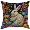 Kissenbezug aus Leinen mit weißem Kaninchen und bunten Stickblumen auf schwarzem Grund - 45x45cm Leinen Einseitig Ohne Kern / Schwarzes Hasen- und Blumenmuster (XDYM16-1)
