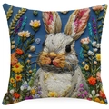 Kissenbezug mit 3D-Hasen und bunten Feldblumen-Stickereien auf blauem Leinenstoff - 45x45cm Leinen Einseitig Ohne Kern / Blaues Feldhasenmuster (XDYM16-2)