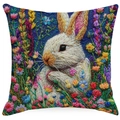 Linen pillowcase with embroidered floral rabbit print on a navy blue background - 45x45cm Linen Single Sided Without Core / Deep Blue White Rabbit Pattern (XDYM16-6)