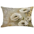Fodera per cuscino lombare vintage con papavero bianco su lino beige per decorazioni - Stile Floreale Vintage 1 (DYM281-1) / 30*50cm