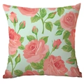 Housse de coussin florale avec roses roses sur fond vert clair pour déco canapé - Rose Rose Vert Clair Rétro (CDR289-3)