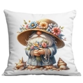 Federa bianca quadrata con gnomo costiero, margherite, perle e conchiglie marine - 45x45cm Stampa Singola Faccia / Gnomo Floreale da Spiaggia (CDR291-10)