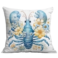 Funda de cojín cuadrada blanca con estampado de langosta azul y flores en acuarela - 45*45cm Peluche Corto Una Cara Sin Núcleo / Patrón de Langosta Azul (CDR238-1)