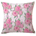Square throw pillow cover with pink rose floral print and realistic green leaves pattern - Realistic Rose Cluster (CDR289-7)