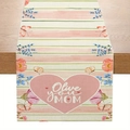 Detailed close-up of Mother's Day table runner with floral heart and Olive you MOM text - Light Pink Horizontal Stripe Butterfly Floral (ZQ104-10)