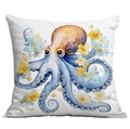 Square pillowcase featuring watercolor orange and blue octopus print with floral accents - 45*45cm Short Plush Single Sided Without Core / Watercolor Octopus Pattern (CDR238-8)