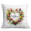 Close-up of heart tulip wreath with Happy Mother's Day text on white pillowcase - 45x45cm / Mixed Tulip (CDR288-18)