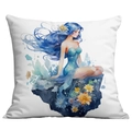 Square white pillowcase featuring watercolor sea girl art with blue hair and flowers - 45*45cm Short Plush Single Sided Without Core / Maiden On Reef Illustration (CDR238-9)