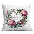 Detailed view of white fabric pillowcase with Happy Mother's Day floral wreath print - 45x45cm / Peony Wreath (CDR288-16)