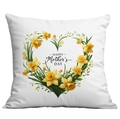 Détail d'une taie d'oreiller Fête des Mères avec couronne florale jaune et typographie - 45x45cm / Couronne de Narcisses (CDR288-2)