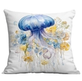 Square pillowcase with watercolor blue jellyfish and yellow flowers print on white fabric - 45*45cm Short Plush Single Sided Without Core / Watercolor Blue Jellyfish Pattern (CDR238-17)
